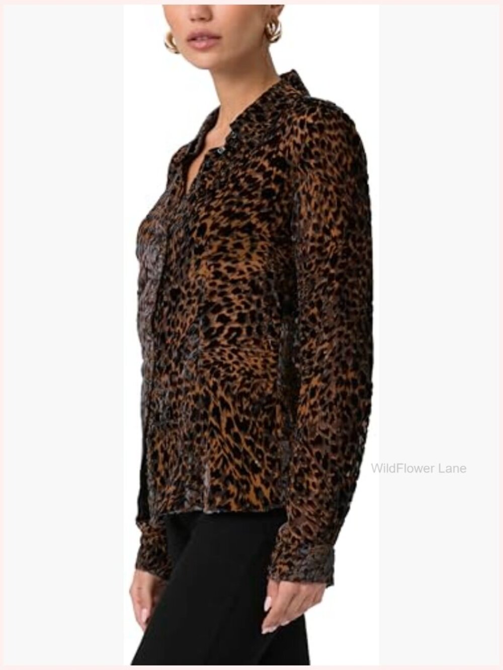 V-Neck Long Sleeve Button Down Blouse - Silk Blend Cheetah Print - Picture 3 of 4